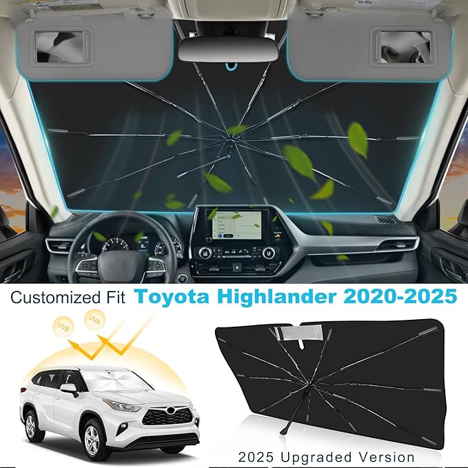 2025 Upgrade Windshield Sun Shade Umbrella Custom Fit for Toyota Highlander 2020-2025 Foldable UV Protection Car Cover, Emergency Rain Shield & Dashboard Protector - Durable Auto Accessory