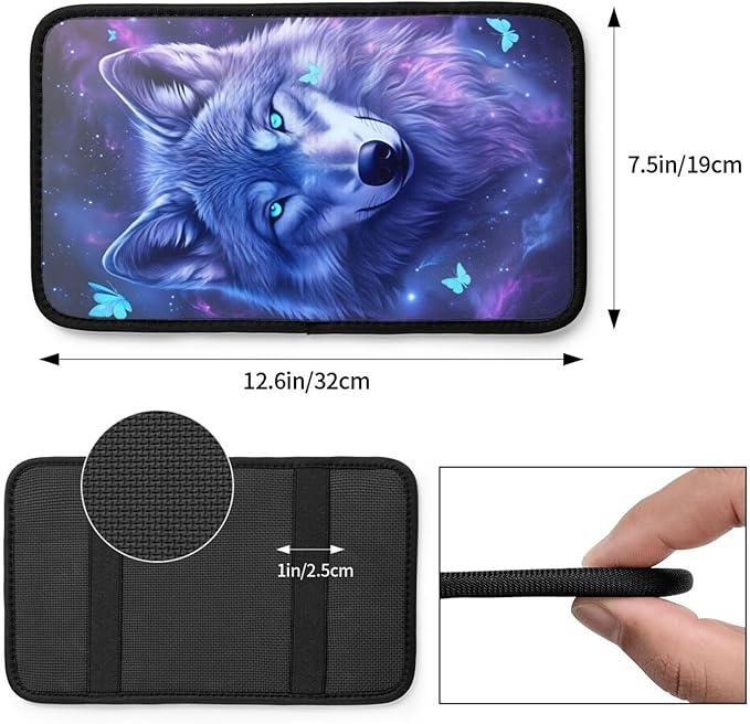 Universal Car Center Console Cushion Pad, Purple Wolf Butterfly Soft Waterproof Car Center Console Cover Auto Armrest Seat Box Cover Protector for Most Vehicle SUV Truck Car