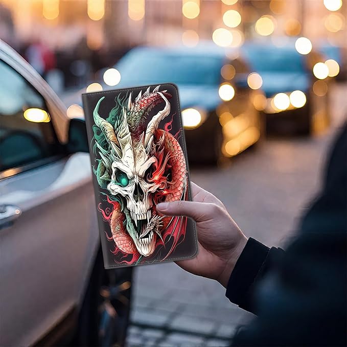 Car Document Holder with Magnetic Shut, Car Registration & Insurance Card Holder, Waterproof PU Leather Glove Box Organizer Vehicle Accessories Driver License for Women/Men, Red Dragon Skull