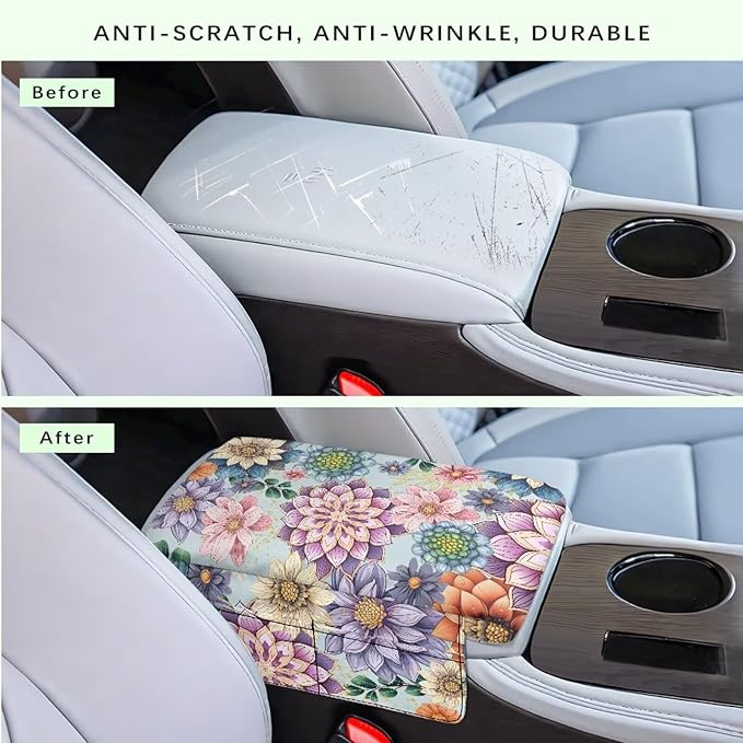 Dreaweet Car Center Console Cover Boho Floral Print Arm Rest Cover for Women Soft Thick Center Console Armrest Pad with Pockets Soft Comfortable Car Armrest Storage Box Mat