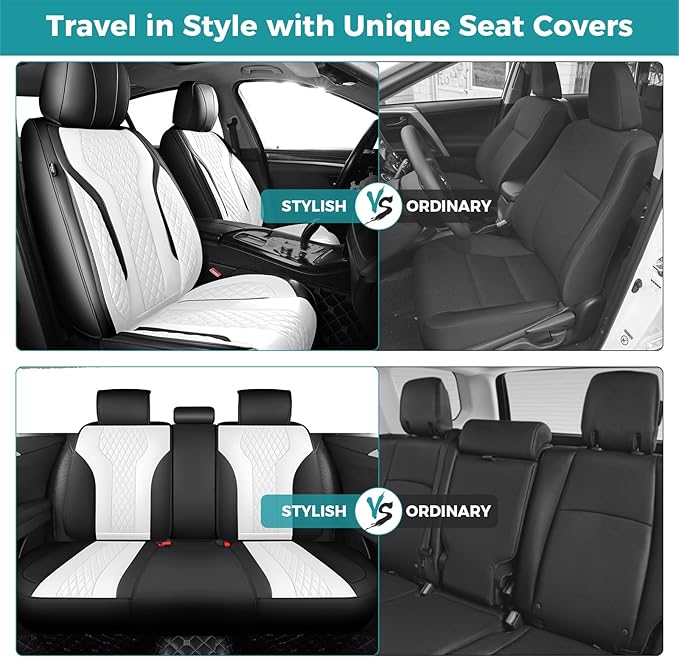 FEINEPRO Leather Car Seat Covers Full Set, Breathable Faux Leather Seat Covers for Cars SUV Sedan Waterproof Blackwhite