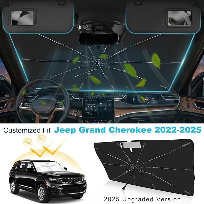 2025 Upgrade Windshield Sun Shade Umbrella Custom Fit for Jeep Grand Cherokee WL/L 2022-2025 Foldable UV Protection Car Cover, Emergency Rain Shield & Dashboard Protector - Durable Auto Accessory