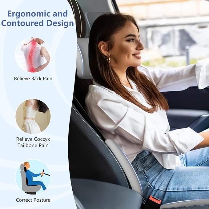 GEEYONTEK Car Seat Cushion with Neck Pillow & Lumbar Support Kit Back Sciatica Tailbone Pain Relief Car Pillows Ergonomic Memory Foam Back Support for Driving Seat Office Chair Wheelchair Grey