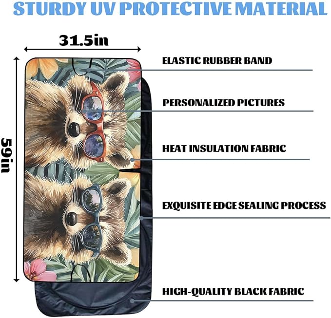 Cute Raccoon Car Windshield Sunshades Tropical Floral Sunglasses Animals Front Window Sun Shade Rays Sun Shade Visor Protector for Car Sedan Truck SUV Accessories 59" L x 31.5" W