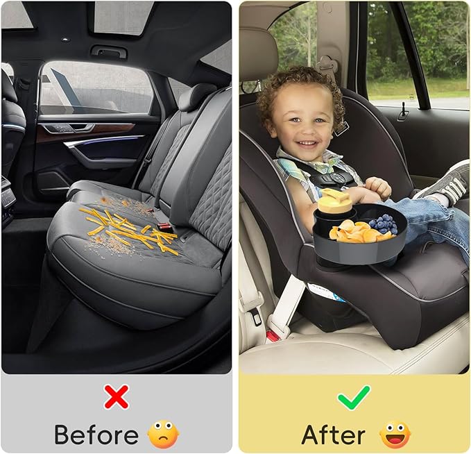 Travel Snack Tray for Kids Car Seat with Cup Holder, Kids Car Seat Snack Tray, Toddlers Road Trip Essential Travel Snacks Food Plate Tray-Black 1PCS