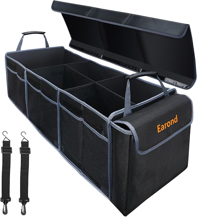 EAROND Car Trunk Organizer with Lid,Collapsible Car Storage Organizer with Multi Compartments and Securing Straps for SUV,Sedan,Jeep-Black & Grey