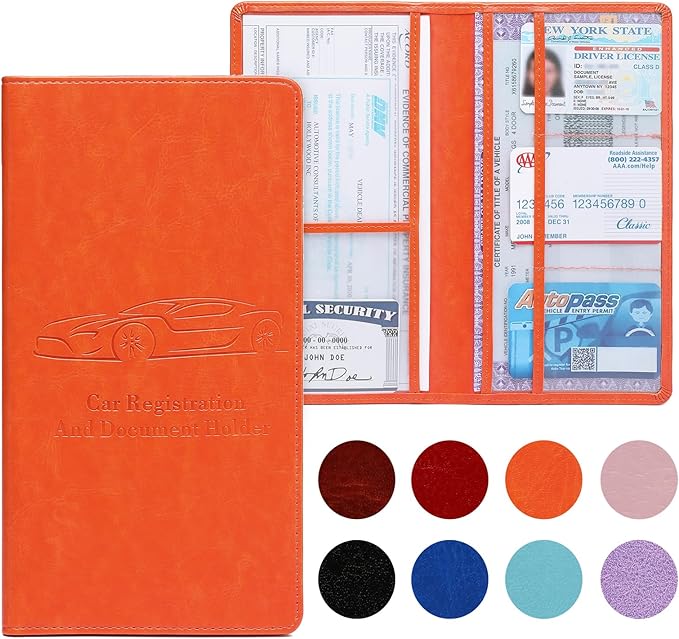 Peisicne Car Registration and Insurance Card Holder for Women Men, Orange Glove Box Paperwork Organizer with Magnetic Buckle for Easy Access and Protect Documents and Various Cards in Vehicle