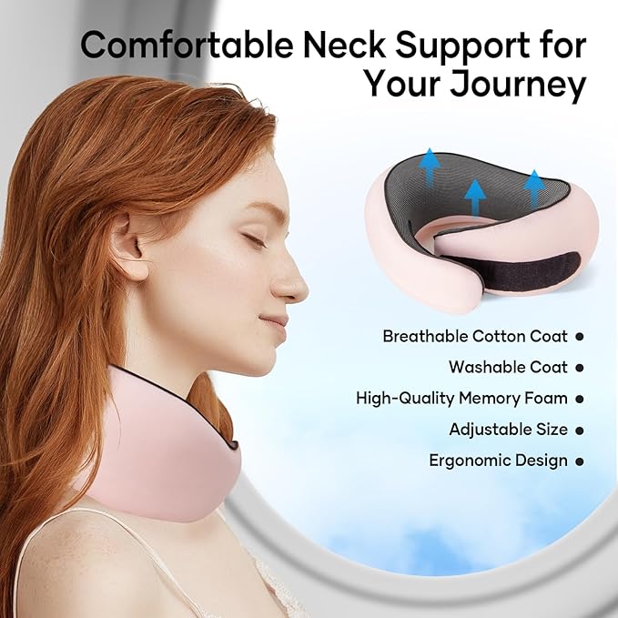NOCRLG Travel Pillow, Travel Neck Pillow for Airplanes Car, 100% Pure Memory Foam Travel Pillow, Sleeping Essentials for Long Flight 360° Head Support Degree Comfort and Breathability Pink