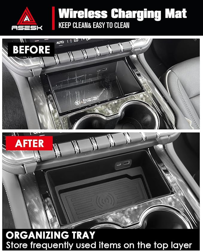 For 2025~2026 GMC Yukon (Elevation/AT4) - Only Compatible with Console Without Cover 2Pcs Center Console Organizer Tray ABS Materials& TPE Wirless Mats Storage Box