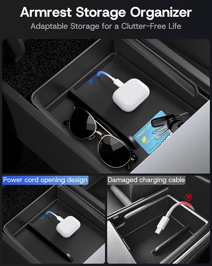 Center Console Organizer Tray for Tesla Model Y Juniper Accessories 2025 2026 [Premium PC + Silent Silicone Liner] Armrest Bottom Liners Wireless Charging Pad Cup Holder for Tesla Model Y Accessories