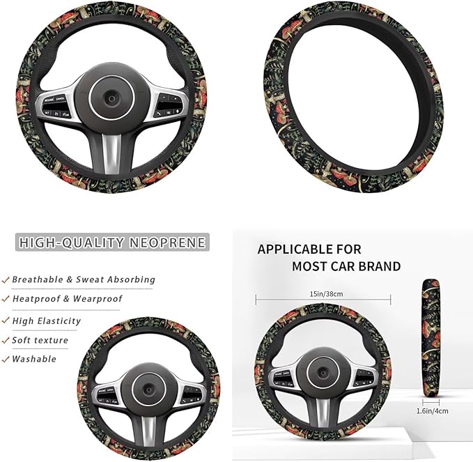 Mushroom Car Accessories 6 PCS Sets for Men Women Car Steering Wheel Cover Armest Cushion Auto Interior Decor for SUV Truck Sedan