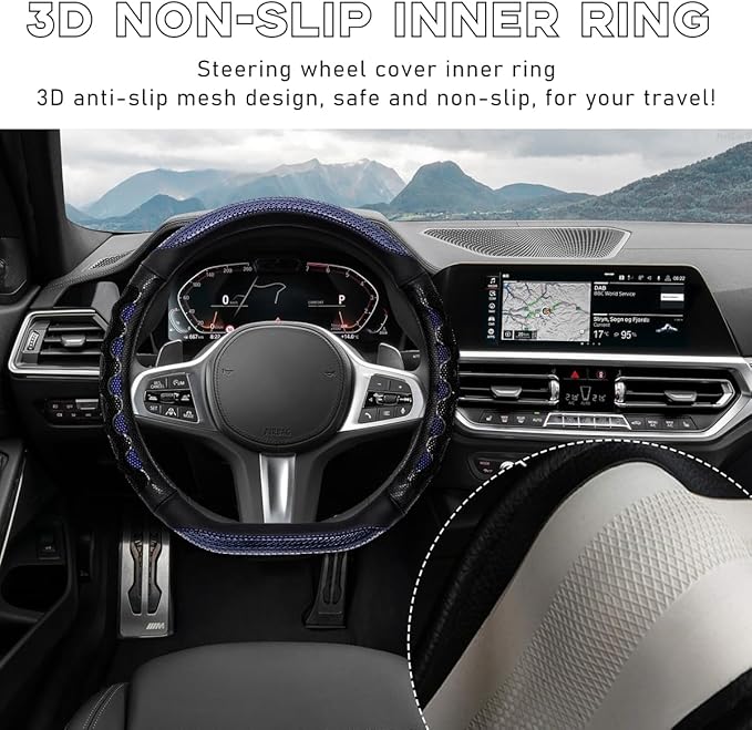 Car Steering Wheel Cover, 15 Inch Leather D-Shaped Comfy Grip Steering Wheel Protector, Anti-Slip Steering Wheel Cover with 3D Honeycomb for Most Vehicles, Car Accessories (Blue)