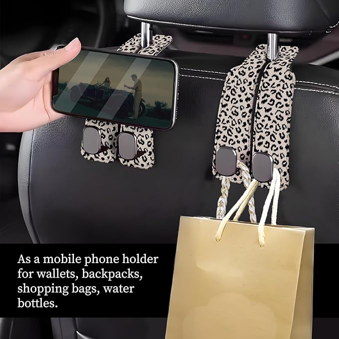 NUGGHU Car Seat Headrest Hook, Universal Leather Cute Hanger Holder Hook, Storage Organizer Interior Accessories for Purse Bags Handbag Luxury Grey Leopard