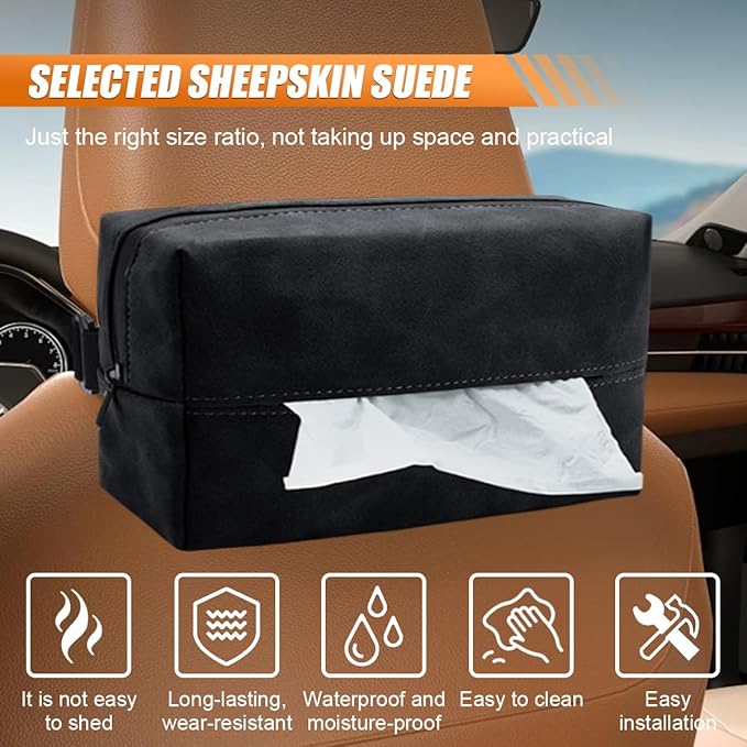 Car Tissue Holder, Rectangular Tissues Box Cover, Back Seat Tissue Dispenser for Tissues, Car Napkin Holder with Elastic Band, Fits for Storage & Organizer (Black)