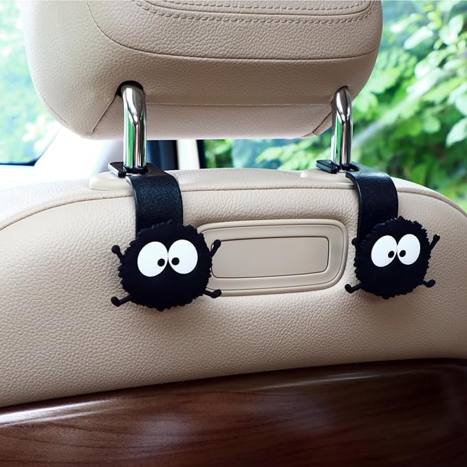 Car Seat Headrest Hook Soot Sprite Plush Auto Hooks for Purses and Bags, Cute Car Accessories, Universal Vehicle Storage Organizer, 2pcs (Sprite-feet)