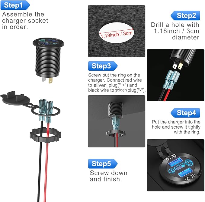 12V USB Aluminum Car Charger Socket PD 3.0 Type C and Dual Quick Charge 3.0 USB Port Multiple Waterproof 12V/24V USB Outlet with Touch Switch Fuse Wire Kit for Car Boat Marine RV Motorcycle, etc.