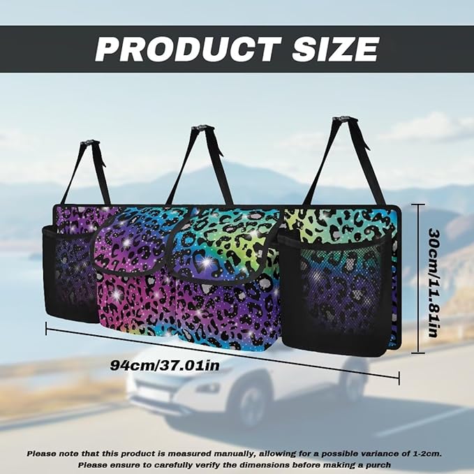 Car Trunk Organizer, Universal Car Organizers and Storage Backseat Car Organizer for SUV/Truck/MPV, Reusable Space-Saving Hanging Car Organization with 4 Pocekts, Colorful Leopard Print