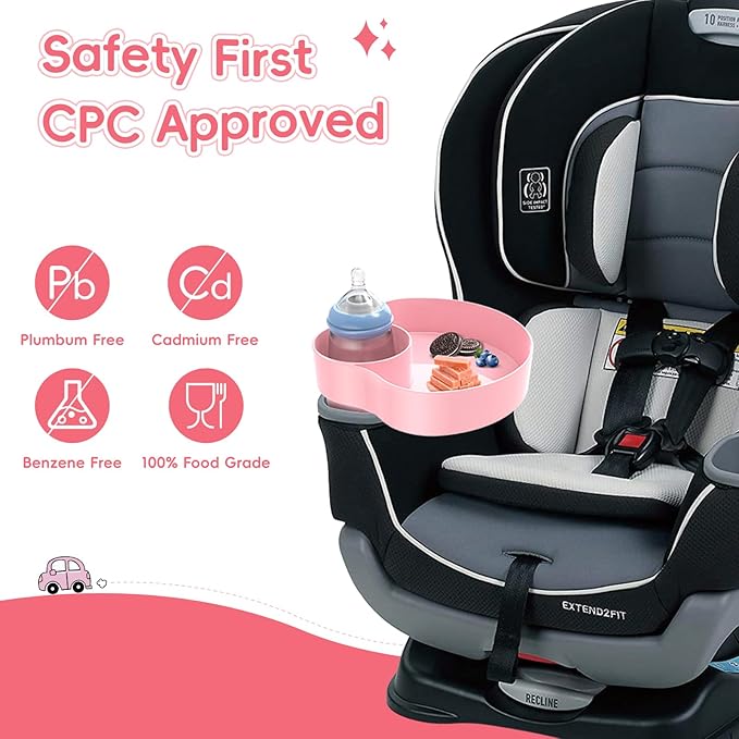 [2 Packs] Kids Car Seat Tray, Travel Tray with Cup Holder for Toddler, Kids Car Seat Food Snack Tray for Road Trip, Stroller snack tray travel must haves - Pink Color