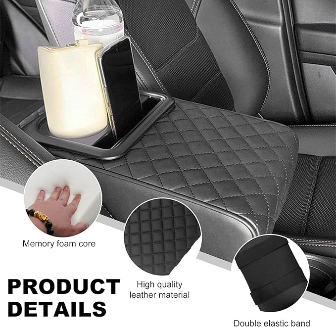 Car Center Console Armrest Pillow, 14.0"×8.3" Soft Memory Foam Armrest Cushion with Cup Holder Storage Bag, Waterproof Leather Vehicle Arm Rest Booster Pad for Most Cars (Diamond Pattern)