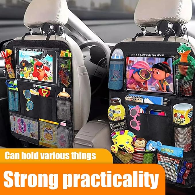 Car Backseat Organizer, Oxford Cloth Kick Mats Back Seat Protector with 9 Pockets & Clear Tablet Holder, Universal Waterproof Car Road Trip Essentials Storage Accessory (1PC)