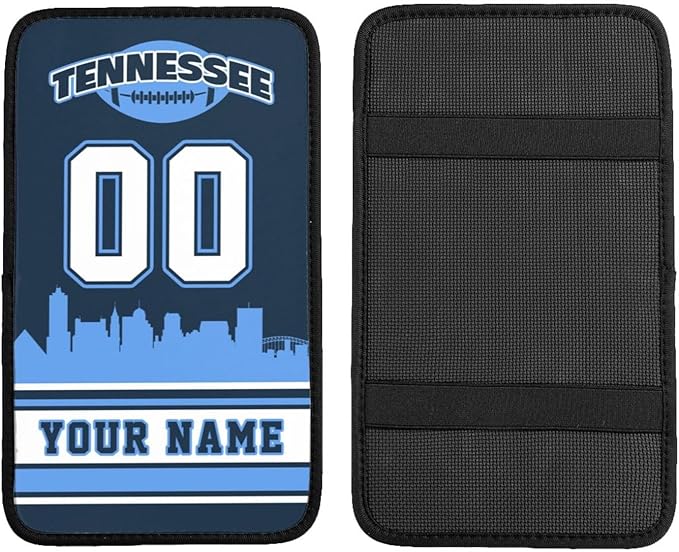 Custom Tennessee Car Armrest Covers Personalized Football Style with Name Number Customized Auto Center Console Pad Car Handrail Box Cushion for Most Vehicle Decor Accessories, Fans Gift