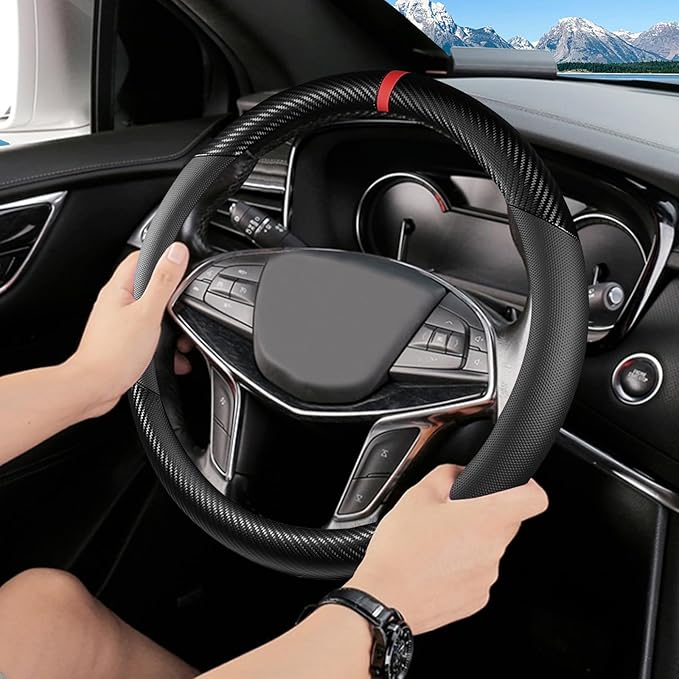 Black Carbon Fiber Leather Steering Wheel Cover, Microfiber Leather, Anti-Slip, Breathable, Universal Fit for 14.5–15 in Steering Wheel Cover for Men Women