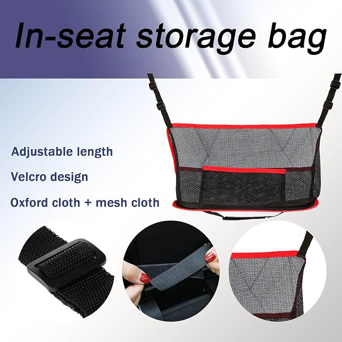 Car Net Pocket Handbag Holder, Organizer Mesh Bag Between Front Seats, Driver Storage Netting Pouch for Handbag Purse, Universal Car Accessories for Women and Men, Pet/Kids Car Barrier (Red)