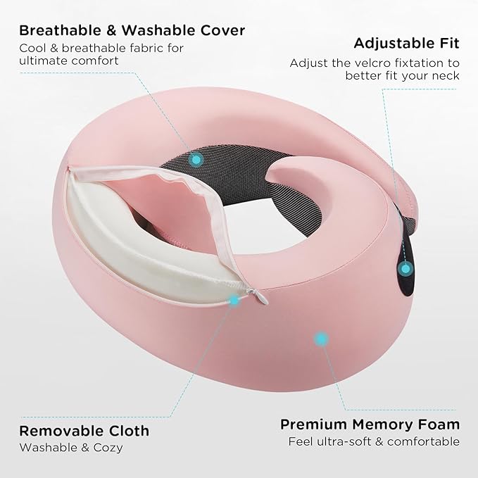 4litamz Travel Neck Pillows, 100% Memory Foam Filling, Travel Pillows for Airplanes, Compact and Ergonomic Design, Best for Sleeping Plane Train Travel Essentials (Light Pink)