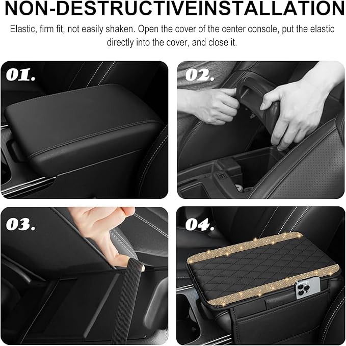 NBTEPEM Bling Car Center Console Cover, Leather Car Arm Rest Cover Cushion with 2 Storage Bags, Universal Automotive Armrest Protector Storage Box, Bling Accessories Interior for Most Vehicles (Gold)