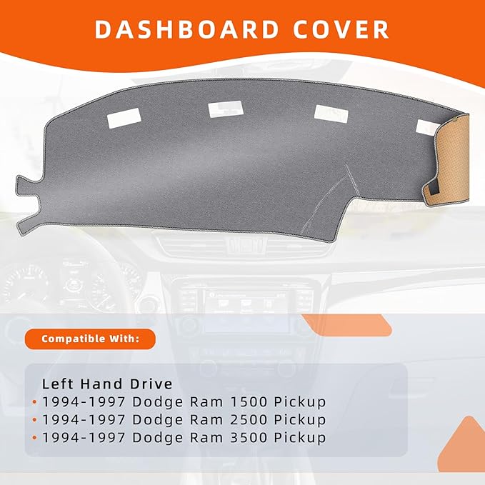 KEYOOG Dashboard Cover Dash Mat Fit for 1997-1994 Do-dge Ram 1500 2500 3500 (for Left Hand Drive),Car Dash Board Mat Anti-Glare Carpet,Non-Slip Pad Sunshield Protector (Grey)