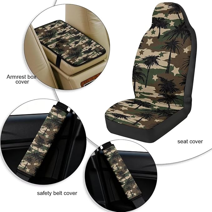 FUSURIRE Camouflage Coconut Tree Print Seat Covers for Cars Full Set 5-Pcs, PU Car Accessories Seat Belt Covers Pads + Vehicle Armrest Protector for Women Men Interior Accessories Decor