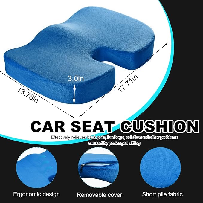 Memory Foam Seat Chair Cushion, Comfortable Auto Cushions for Long Periods of Sitting, Pregnancy Car Seat Cushion for Back, Coccyx & Sacrum Pain Relief, Car Accessories (Blue)