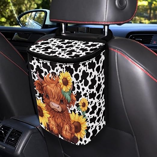 KEIAHUAN Highland Cow Sunflower Foldable Car Trash Bag Hook Hanging Car Garbage Can Holder Leakproof Storage Organizer for Camping Car Interior Accessories