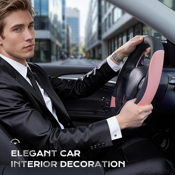 Coverado Car Steering Wheel Cover, Nappa Leather Black & Pink Steering Wheel Covers for Women, Universal 14-15 inch, Anti-Slip, Breathable Steering Wheel Protector