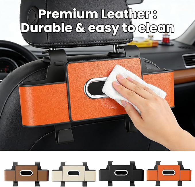 ROVIA Multifunctional 3‑in‑1 Car Seat Back Storage Box Organizer with Cup Holders, Tissue Box Slot & Headrest Hooks – Backseat Car Organizer for Phones, Snacks, Drinks, Bags, Travel Storage (Orange)