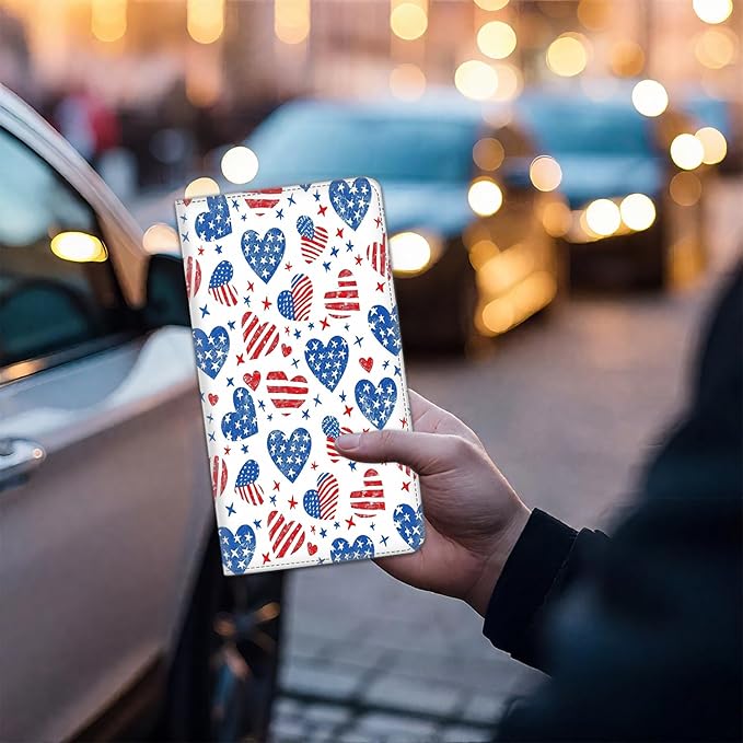 SOTWONSO Car Registration Holder, PU Leather Vehicle Card Document Glove Box Organizer, Women Interior Auto Accessories Case for Cards, Driver License Car Insurance Holder, Patriotic Americana Hearts