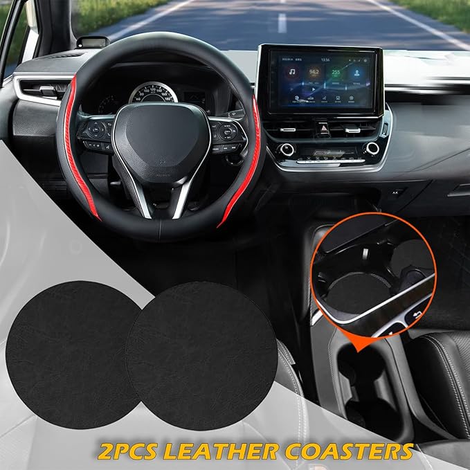 Muamos Steering Wheel Cover Black Red, Carbon Fiber Car Steering Wheel Covers with Coasters Universal 14.5-15 inch Leather Microfiber Breathable Anti-Slip Steering Wheel Accessories Set