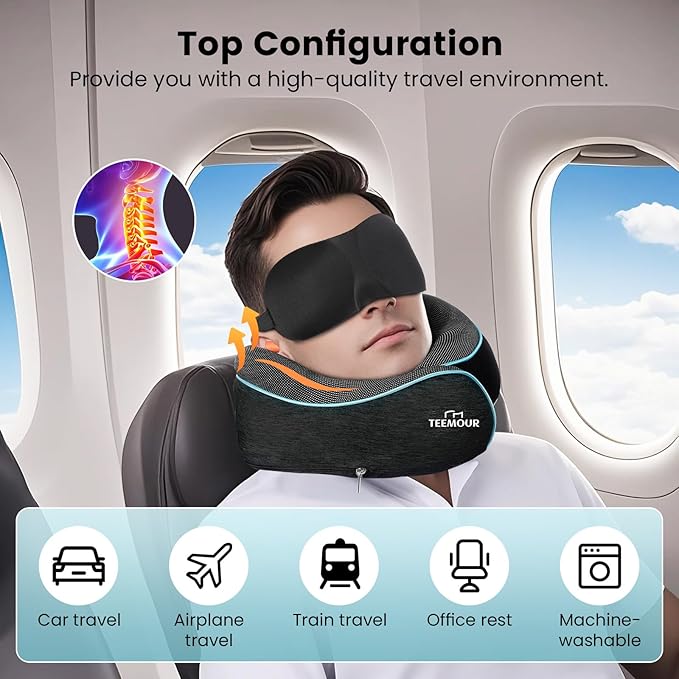 Travel Neck Pillow for Airplane -360° Support, Stocking Stuffers, Memory Foam Travel Pillows for Airplanes With Eye Mask & Earplugs, Portable Carry Bag for Long Flights/Car| Airplane Accessories