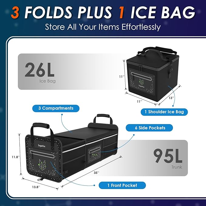 SugarFox 95L Large-Capacity Car Trunk Organizer Includes 26L Ice Pack, Fluorescent Constellation Design, Waterproof & Foldable with Adjustable Straps | For SUVs & Cars (Black-M004)