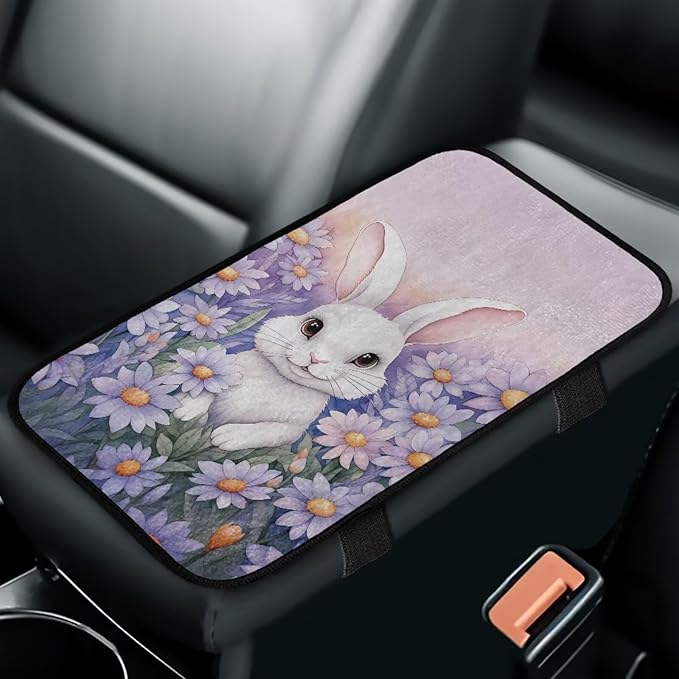 Bulopur Easter Cute Bunny Armrest Cover Car Center Console Cover Easy to Install Car Armrest Cushion Flannel Protector Protect from Pet Claws Thickened Fit for Most Cars, Vehicles, SUVs