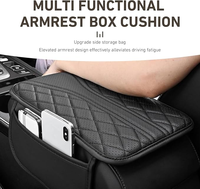 Car Center Console Cover, Leather Arm Rest Cover with Storage Bags, Multi-Functional Armrest Storage Box pad, Universal Interior Accessories for SUV, Sedan, Truck (Black)