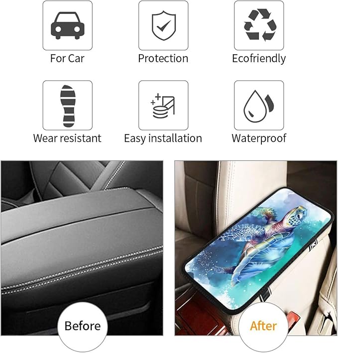 Universal Car Center Console Cushion Pad, Ocean Sea Turtle Green Soft Waterproof Car Center Console Cover Auto Armrest Seat Box Cover Protector for Most Vehicle SUV Truck Car
