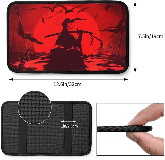 DORKEIXIA Japanese Samurai Broken Swords Arrows Crow Bloody Sun Auto Center Console Armrest Pad Universal Car Center Console Cover Seat Box Cover for Sedan, Van, SUV, Truck Car Accessorie