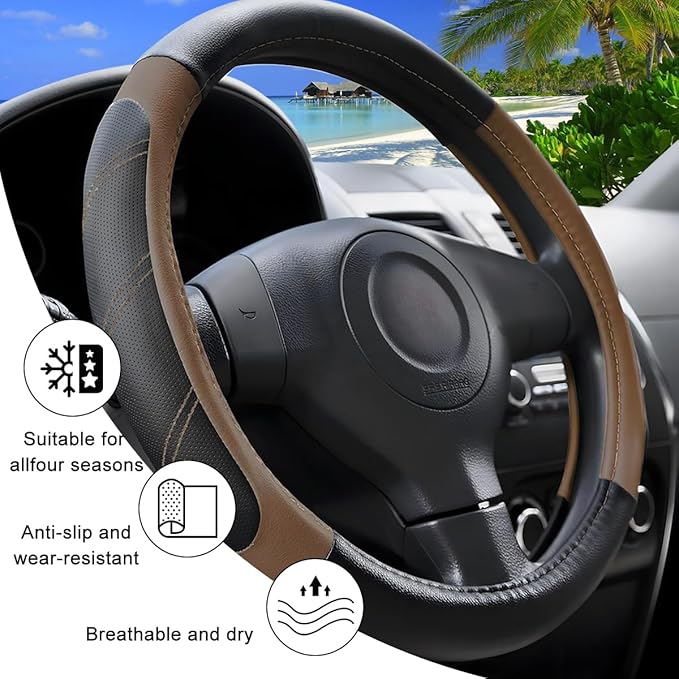 Car Steering Wheel Cover, 15 Inch Carbon Fiber Leather Non-Slip Steering Wheel Protector with Lining, Breathable Automotive Interior Accessories, Universal for SUV RV Truck (Brown)