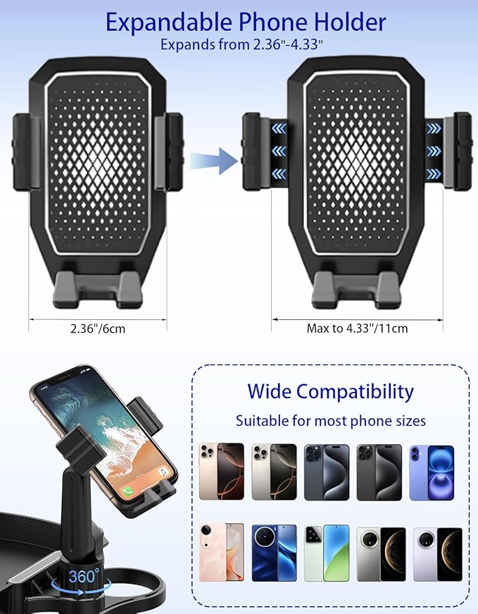 Car Cup Holder Tray - 5 in 1 Adjustable Car Cup Holder Expander with Food Tray Table and Phone Mount for All Purpose, Automotive Essentials for Driver and Front Passenger