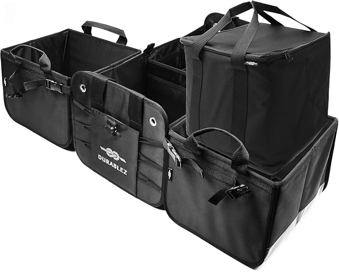 DURABLEZ Trunk Organizer 5-Section Modular XL Car Storage System – Extra Large Cargo Organizer for Car Trunk, Foldable Multi-Compartment Auto Organizer, Heavy Duty Oxford 1680D – Black
