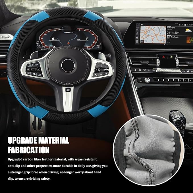 Car Steering Wheel Cover, Steering Wheel Cover Protector, 15 Inch Carbon Fiber Microfiber Leather Elastic Steering Wheel Protector, Car Steering Wheel Accessories for Vehicles (Black Blue)