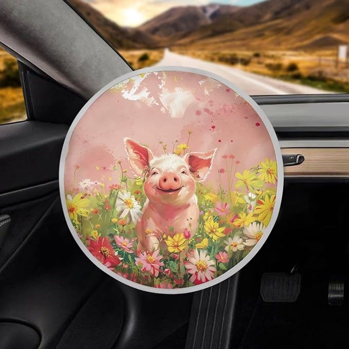 Pig Flowering Shrubs Pink Pattern Steering Wheel Sunshade Cover Sun Protection Steering Wheel UV Reflector Shade Cover Car Interior Accessories Fit Most Car Truck Van SUV