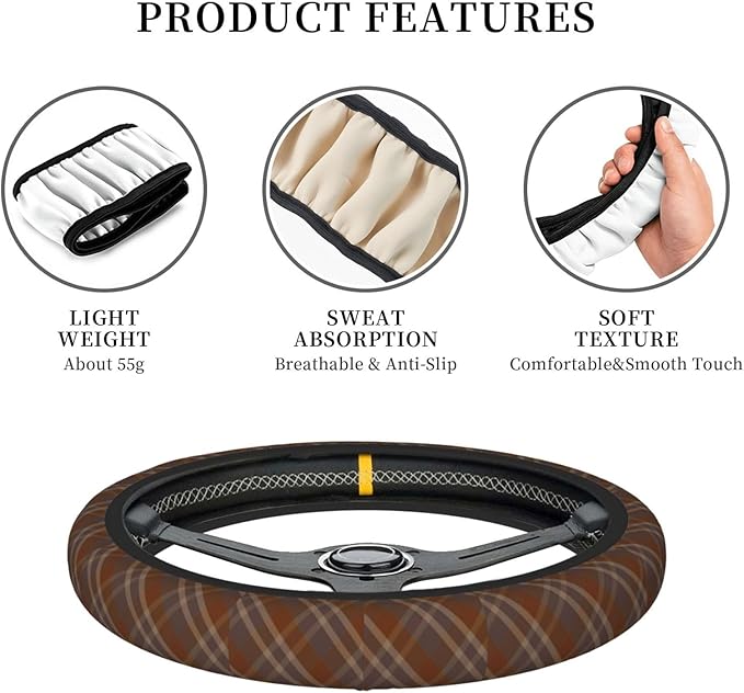 Thickened Elastic Steering Wheel Cover, Autumn Fall Classic Vintage Plaid Ultra, Soft, Breathable, Fit for Cars, SUVs, Trucks, Stylish Comfortable Grip