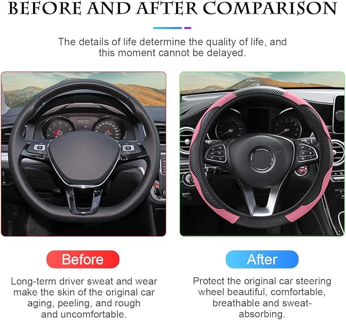 Car Steering Wheel Cover, Universal Microfiber PU Leather Elastic 15 inch Stitching Color Anti-Slip Steering Wheel Protector, Car Interior Accessories for Men Women (Black/Pink)